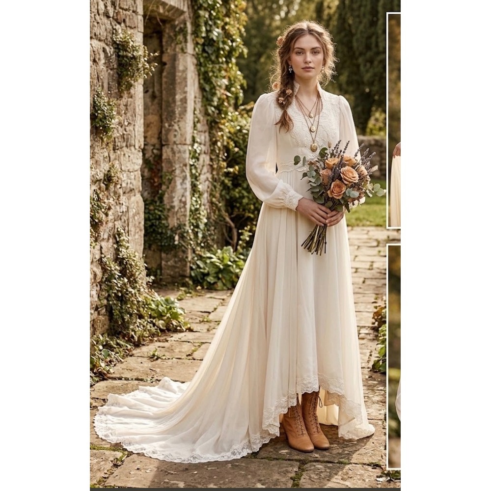 Vtg 70s 80s High Low Wedding Dress Ivory Long sleeve Lace Gown bin5